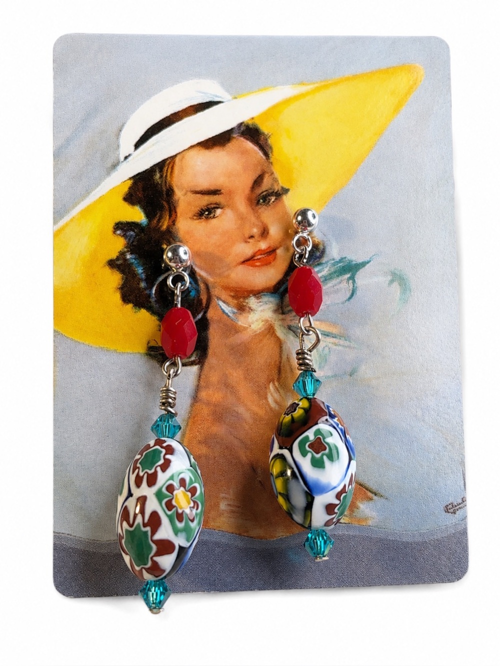 Millefiori Style Glass & Vintage Czech Crystal Statement Earrings